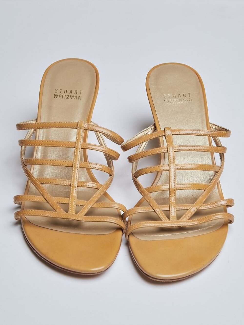 Stuart Weitzman Tan Strappy Kitten Heel Sandals